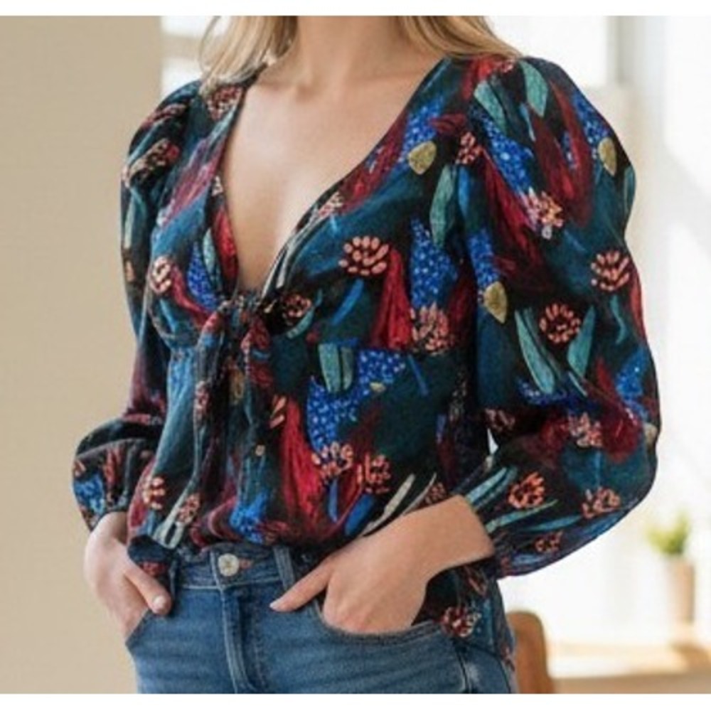 Anthropologie x Eva Franco Tropical Sweetheart Puff Sleeve Blouse. Size 2